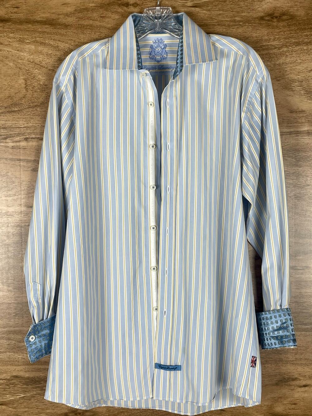 English Laundry Mens Striped Dress Shirt 16 34/35 Blue Yellow Contrast Cuff